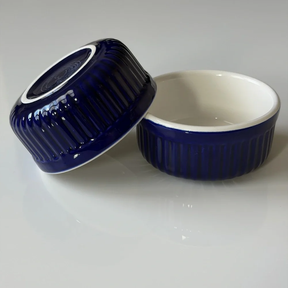 Roshco Cobalt Blue Ceramic Ramekins - Set of 2 Ribbed Baking Dishes